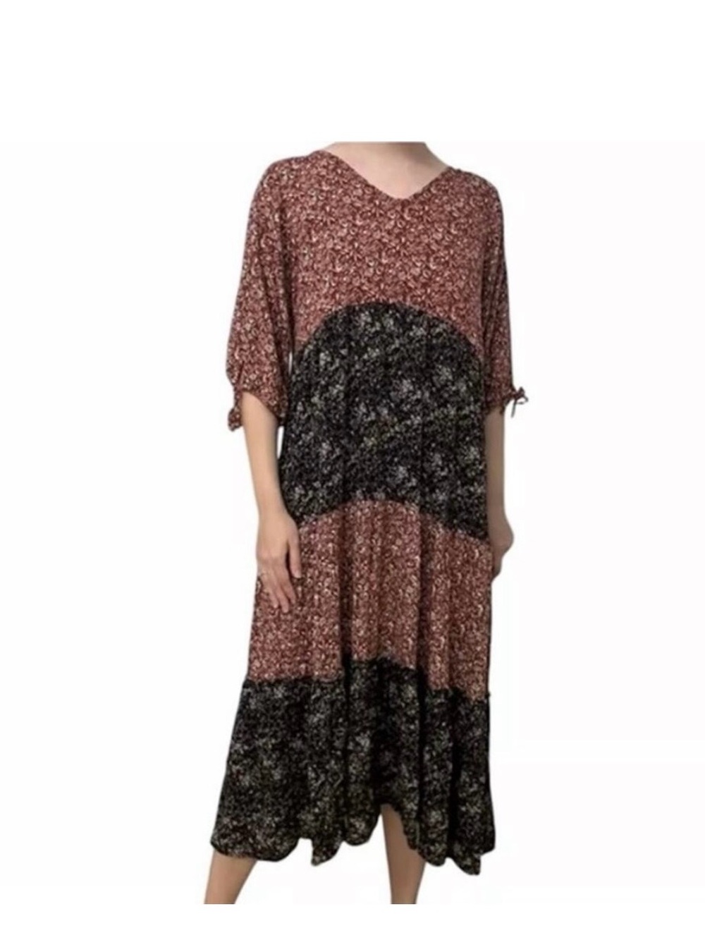 NATURAL LIFE Two-Tone Floral Patchwork Maxi Dress in Rust and Black